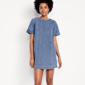 NEW Old Navy Denim Shirt Sleeve Mini Crewneck Dress In Blue - M